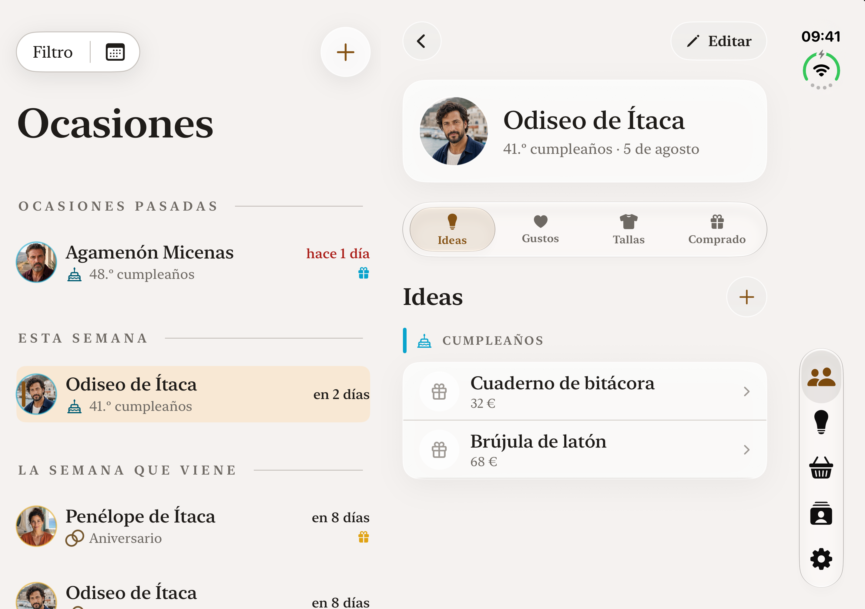 Navegación de dos paneles de Danaus en iPhone Duo: ocasiones y ficha de una persona