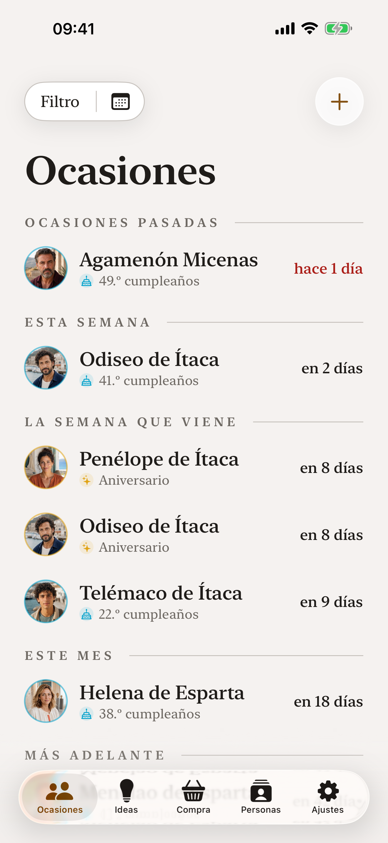 Pantalla Ocasiones de Danaus con personajes ficticios de la Odisea
